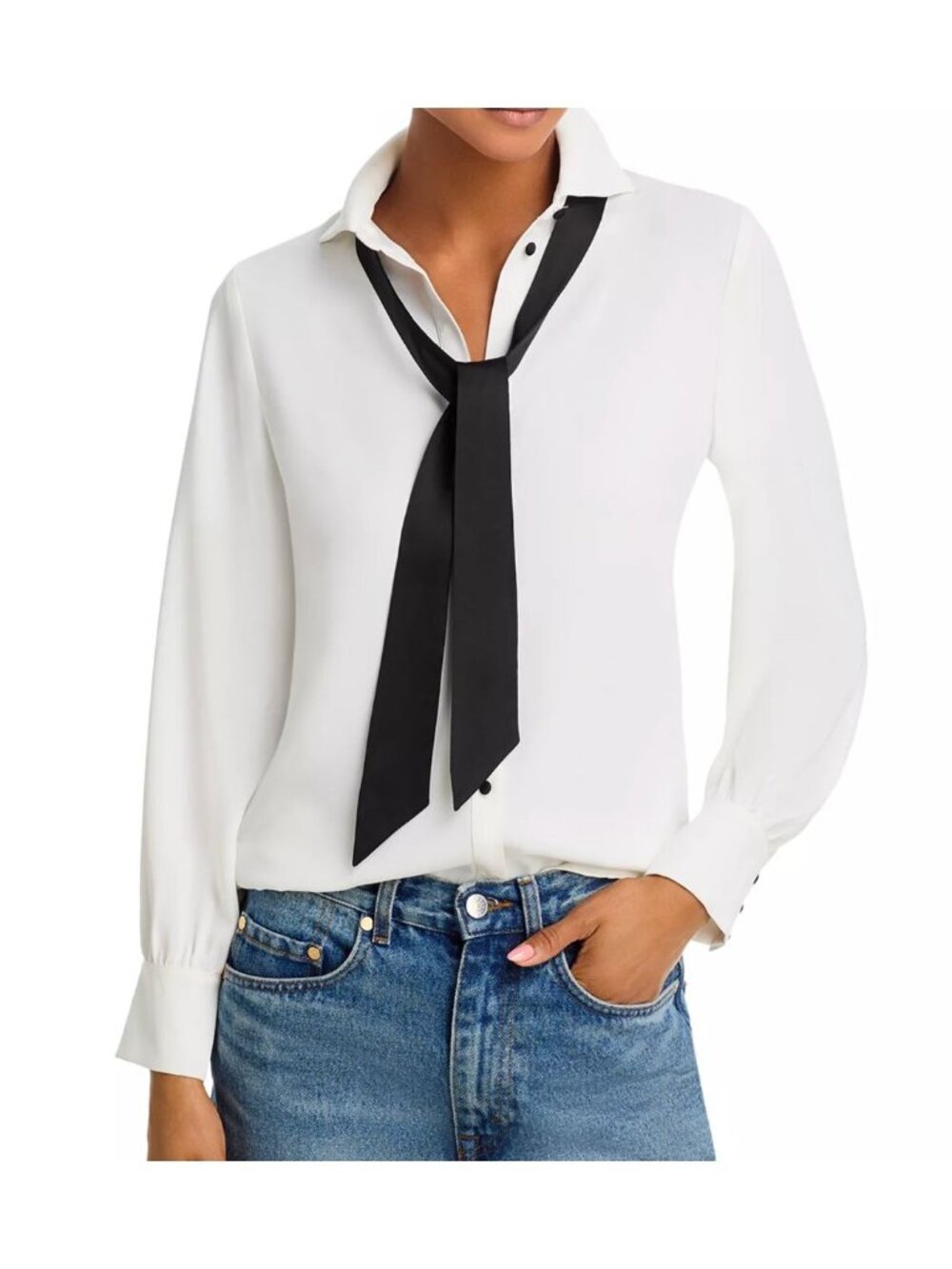 NWT French Connection Quinn Bow Satin Shirt White L MSRP $108